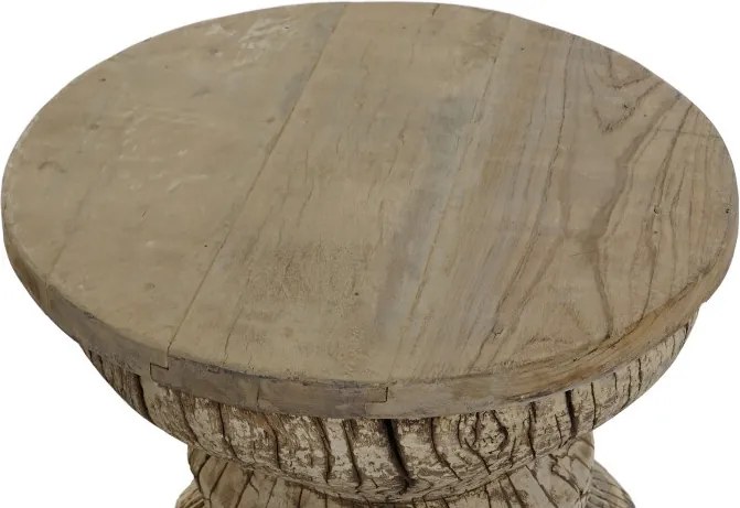 Măsuță laterală sculptată rotundă din lemn de tec, natur, cu bază în formă de clepsidră și decor geometric, 43 x 40 cm, „Karno”
