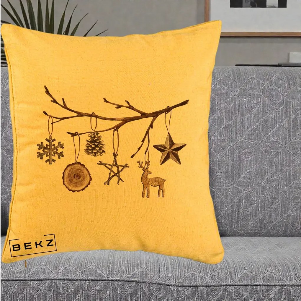Perna Decorativa Ornamente de Lemn pe Ramura, 40x40 cm, Galben, Husa Detasabila, Perna Inclusa, BEKZ®