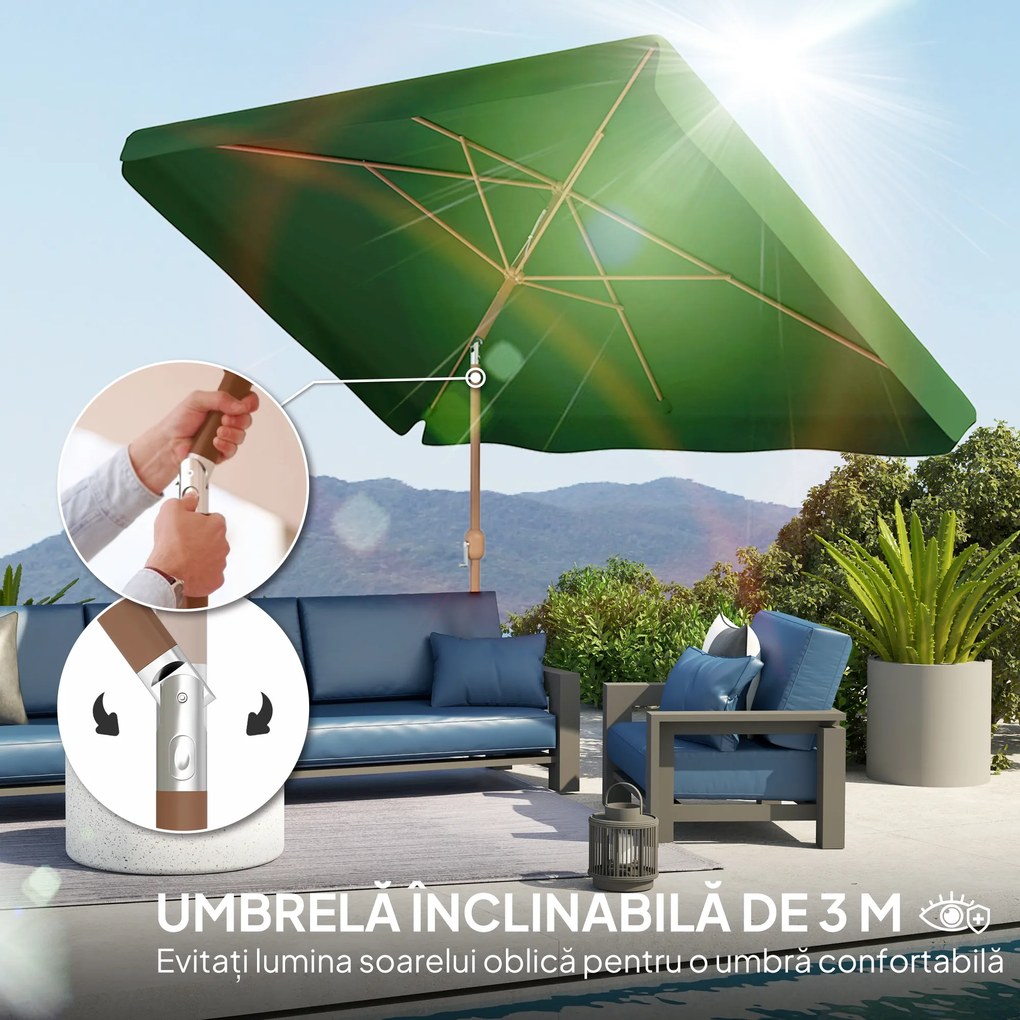 Outsunny Umbrelă de Grădină Înclinabilă cu Deschidere cu Manivelă, și Orificiu de Ventilație, 300x200x235 cm, Verde Închis | Aosom Romania