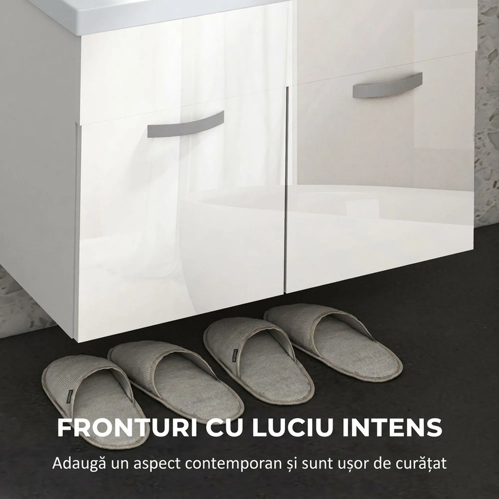 Kleankin Dulap de Baie Suspendat cu Chiuvetă, Dulap cu 2 Uși cu Chiuvetă și Balamale Amortizate, 61x40x50 cm, Alb Lucios | Aosom Romania