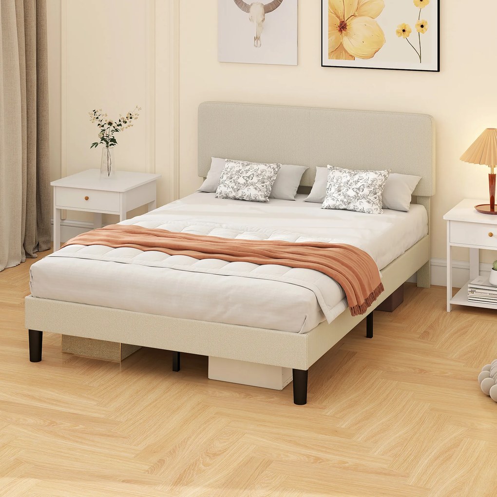 HOMCOM Cadru de Pat Matrimonial 140x200 cm Cap de Pat Reglabil pe Înălțime Îmbrăcat în Catifea, Pat Matrimonial cu Șipci de Lemn, pentru Dormitor, Montaj Ușor, Gri Deschis | Aosom Romania