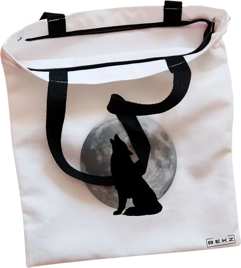 Sacosa de Panza pentru Cumparaturi, Geanta Tote, model Lup si Luna, Cu fermoar, 38x34.5 cm, Alba, BEKZ®