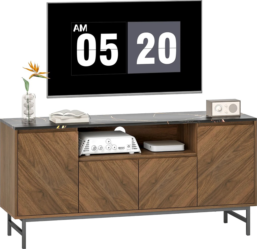 HOMCOM Comodă TV pentru televizoare până la 165,1 cm comodă TV din lemn cu compartiment deschis și orificiu pentru cabluri, efect marmură, 140x39x66cm, nuc | Aosom Romania