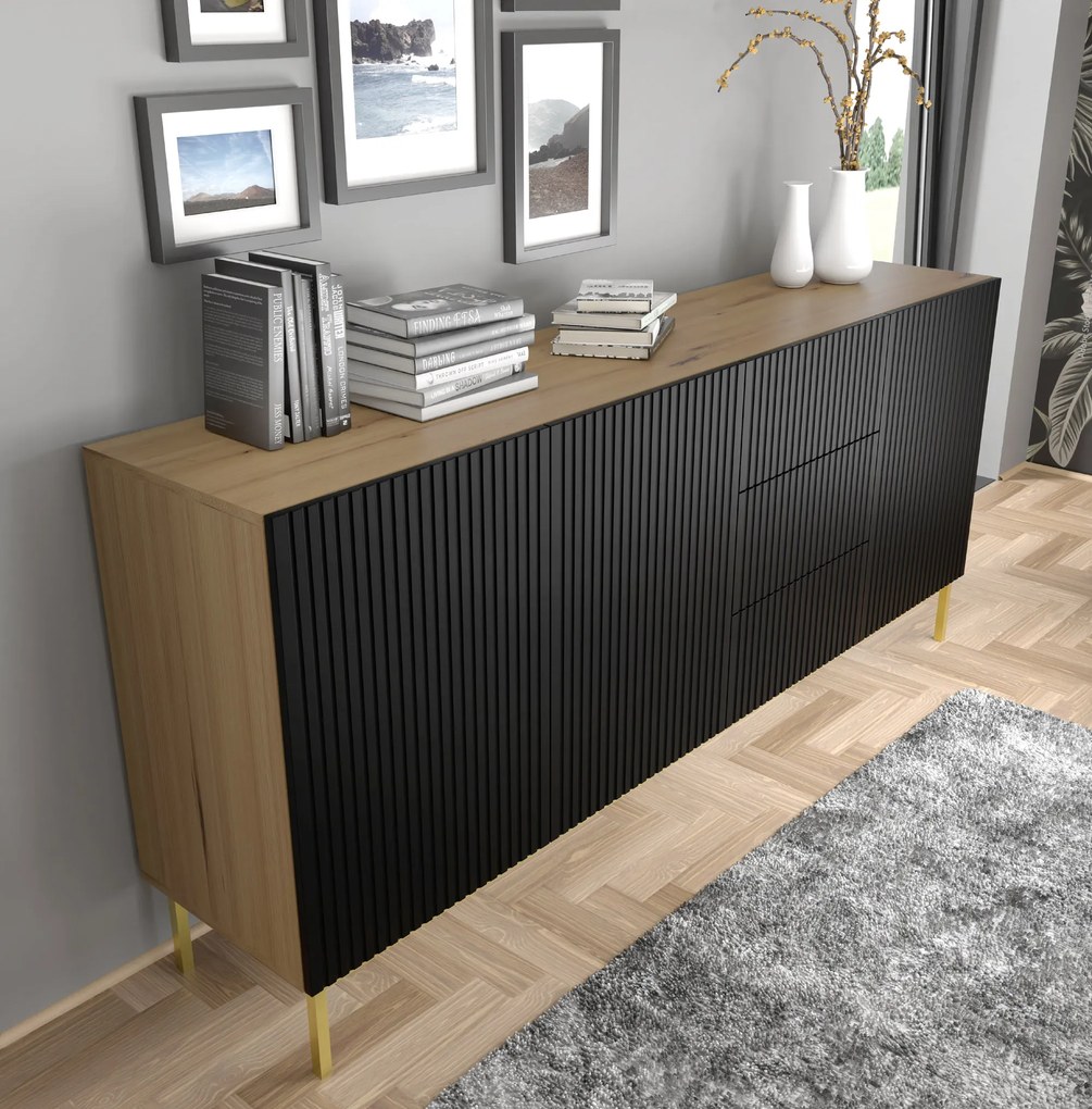 Comodă 3D3S 200 Rowanna (Stejar artisan + Negru). 1125010