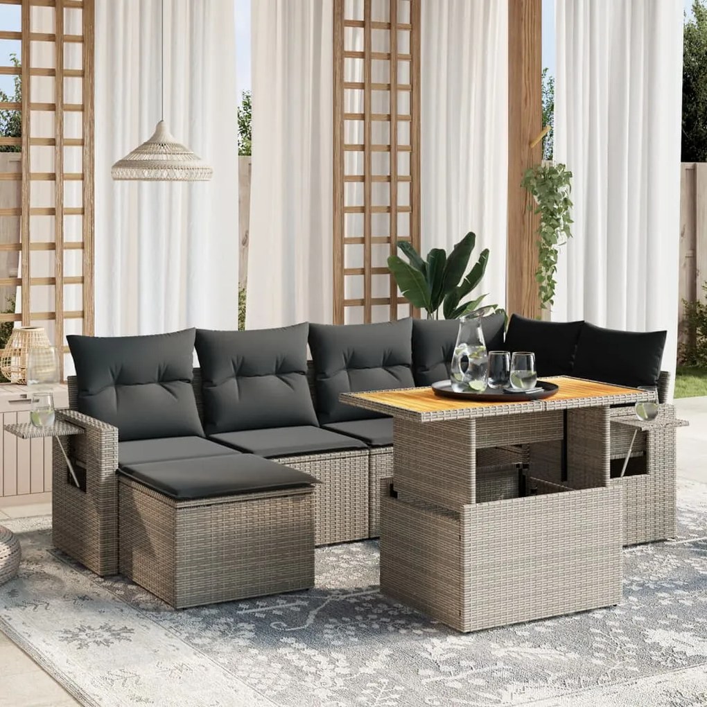 vidaXL Set canapele de grădină, 7 piese, cu perne, gri, poliratan