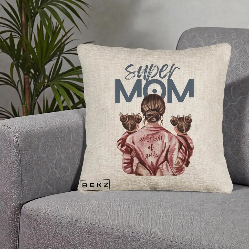 Cadou pentru Mama - Perna Personalizata Super Mom of Girls Mama cu Gemene, 40x40 cm, Bej Canapea, Husa Detasabila, Perna Inclusa, BEKZ®