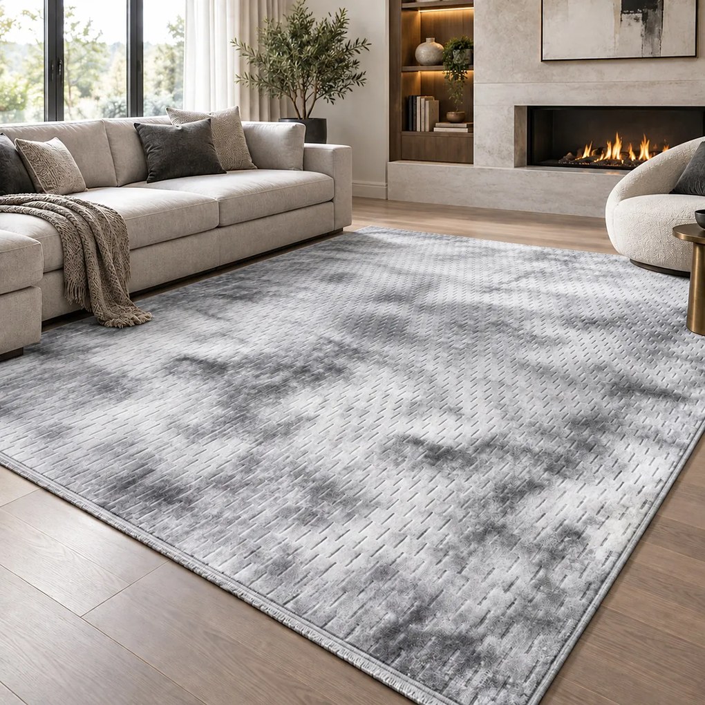 Covor cameră antiderapant Welsoft Plus, model abstract, gri, 80x200 cm