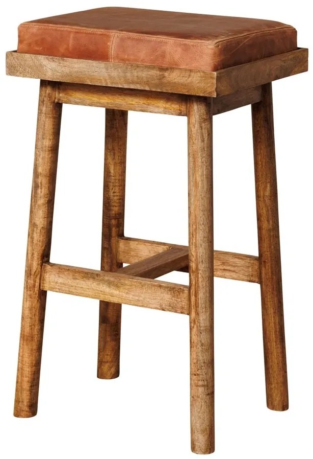 Scaun de bar din piele naturala si lemn masiv de mango, Tall Django