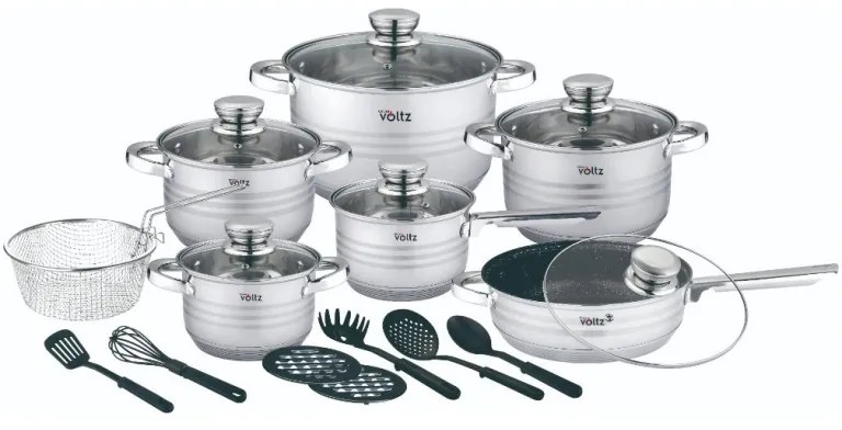 Set oale cu capac Oliver Voltz OV51210R20B, 20 piese, Fund multistrat, Inductie, Otel inoxidabil, Ustensile, Argintiu