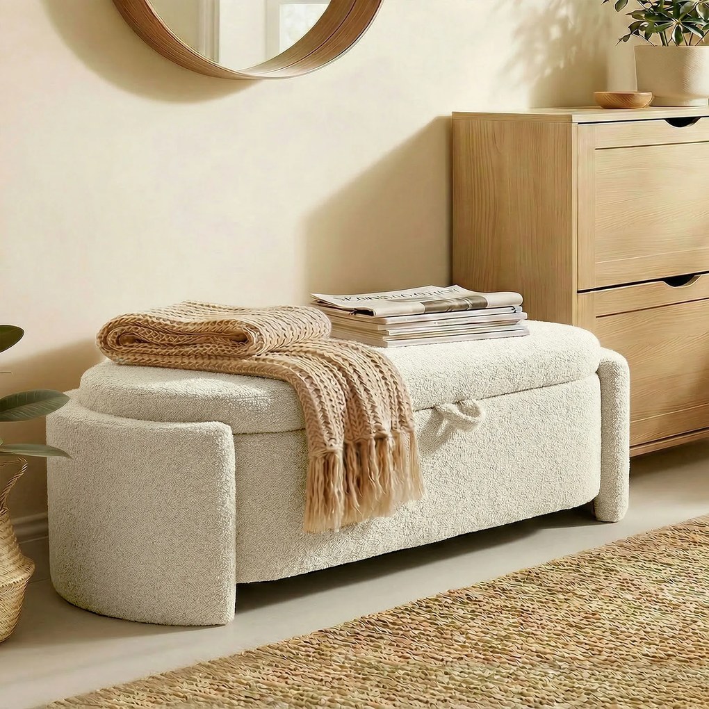 HOMCOM Banc de depozitare, banc la picioarele patului oval din polar Teddy cu șezut lat, 129 x 48,5 x 44 cm, crem | Aosom Romania