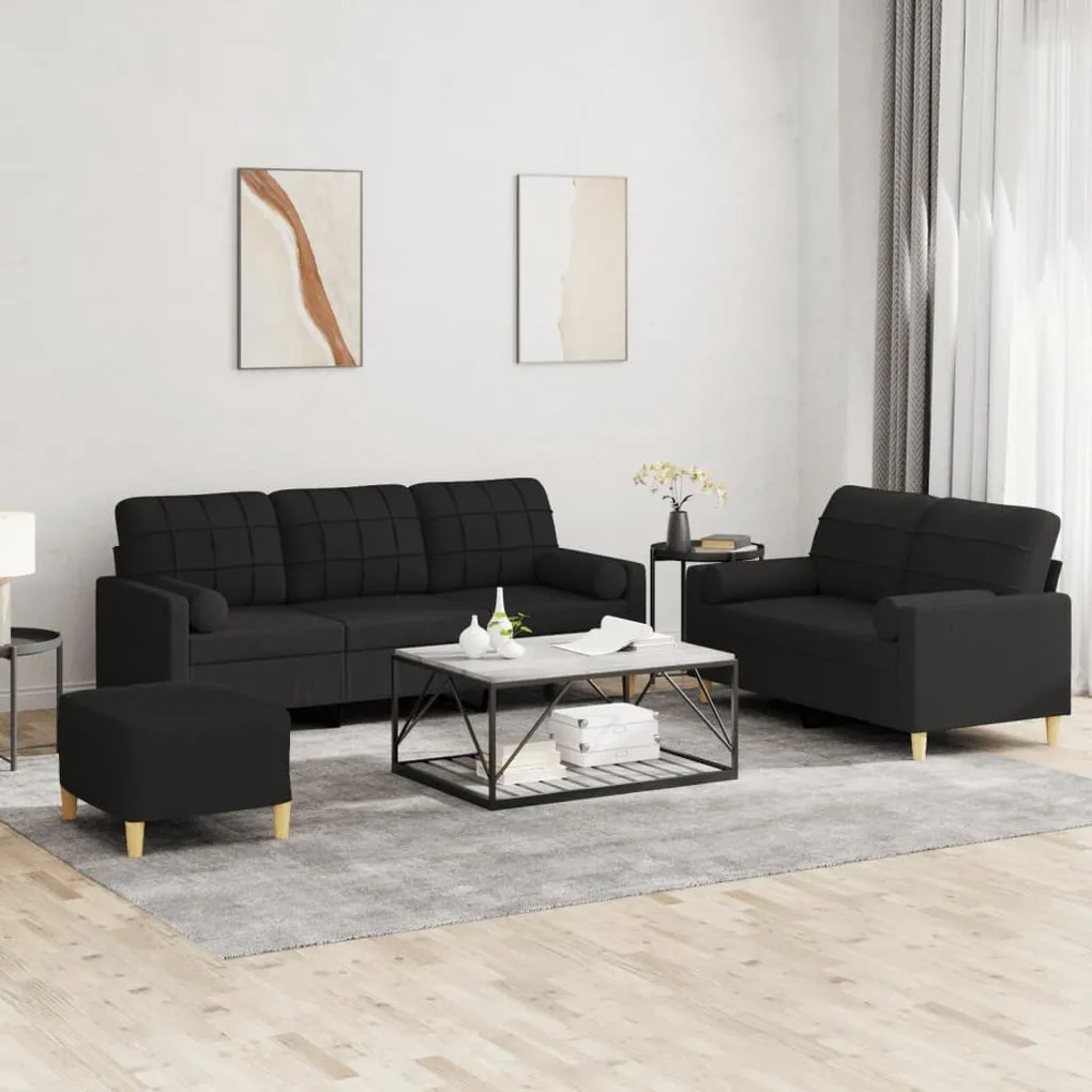 3201334 vidaXL Set de canapele cu perne, 3 piese, negru, textil