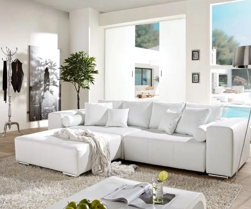 Canapea extensibilă dumonde cu ladă de depozitare si sezut confortabil din spuma high-density, Marbela White XXL 295x100 cm
