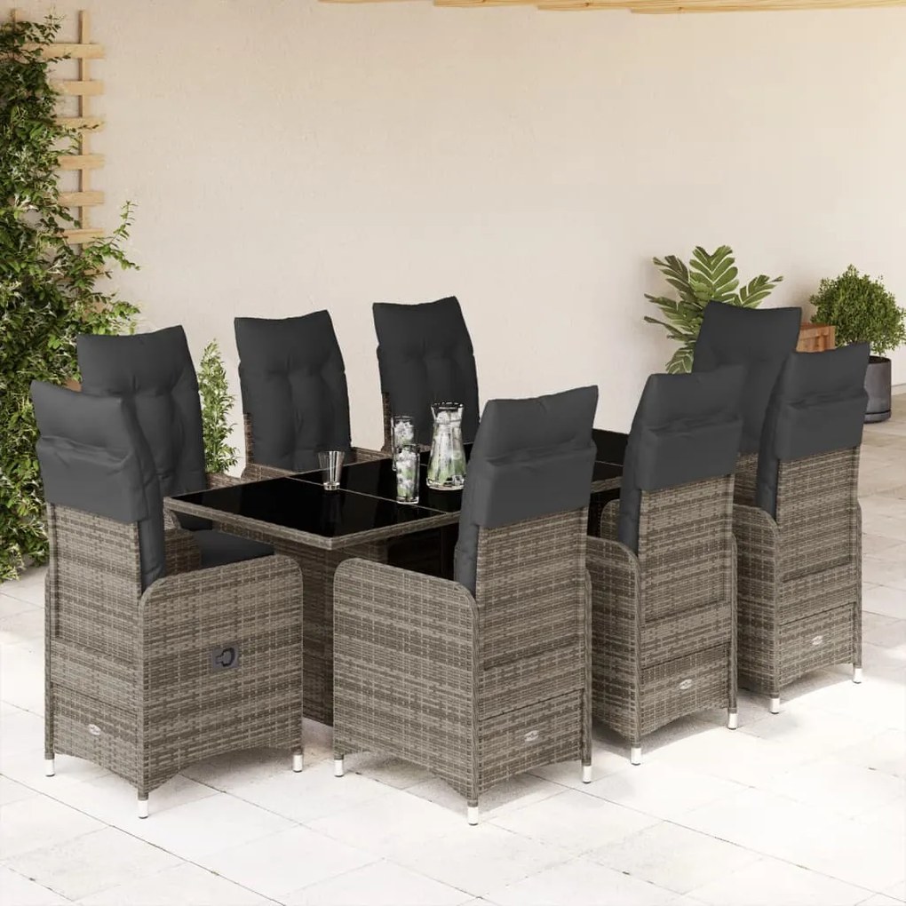 3277041 vidaXL Set bistro de grădină cu perne, 9 piese, gri, poliratan