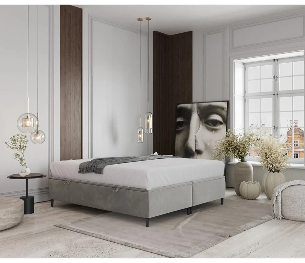 Pat matrimonial gri deschis tapițat cu spațiu de depozitare 200x200 cm Tate – Maison de Rêve