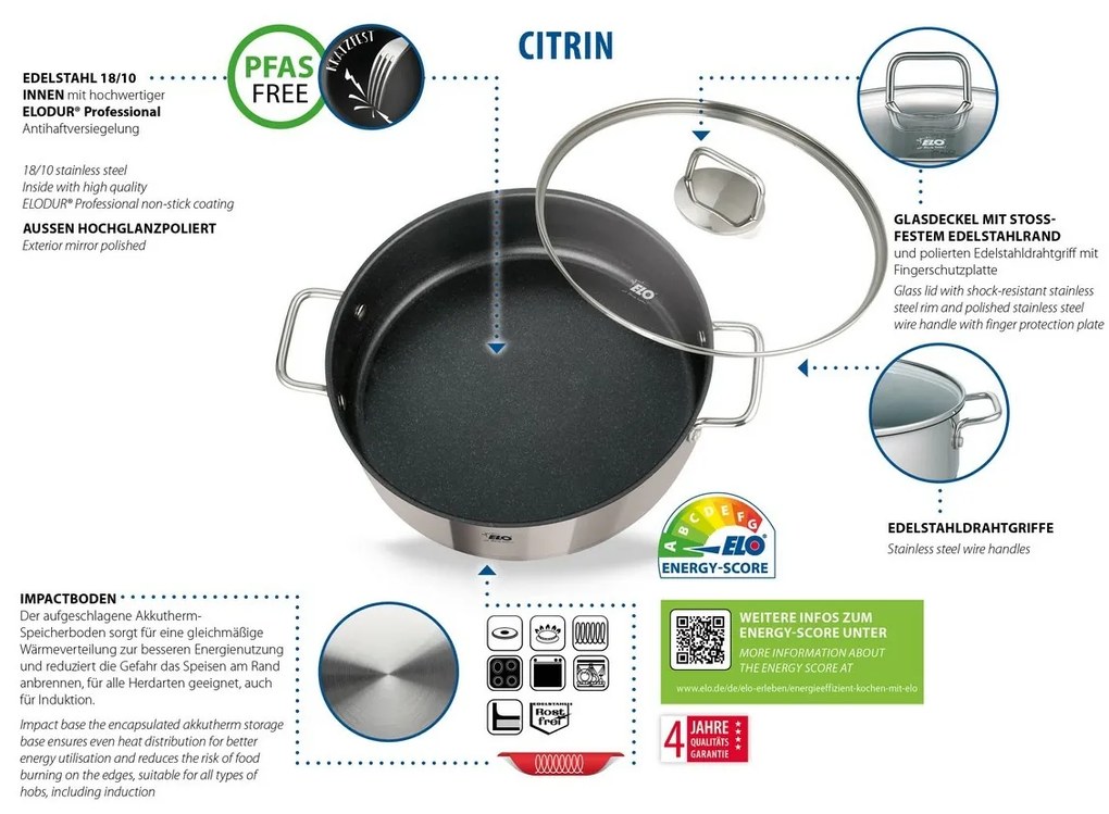 Elo 72438 Cratiță din oțel inoxidabil cu capac dinsticlă Citrin 28 cm