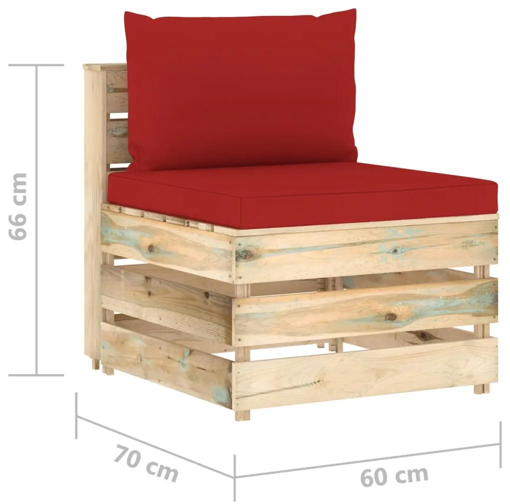 Canapea de mijloc modulara cu perne, lemn verde tratat 1, rosu si maro, canapea de mijloc