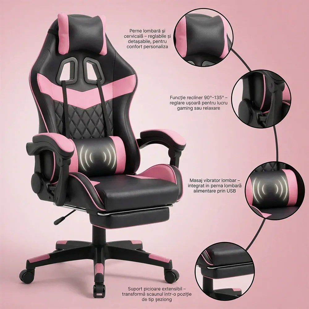 Scaun gaming, sistem iluminare bandă LED RGB, masaj în perna lombară, suport picioare, Negru/Roz