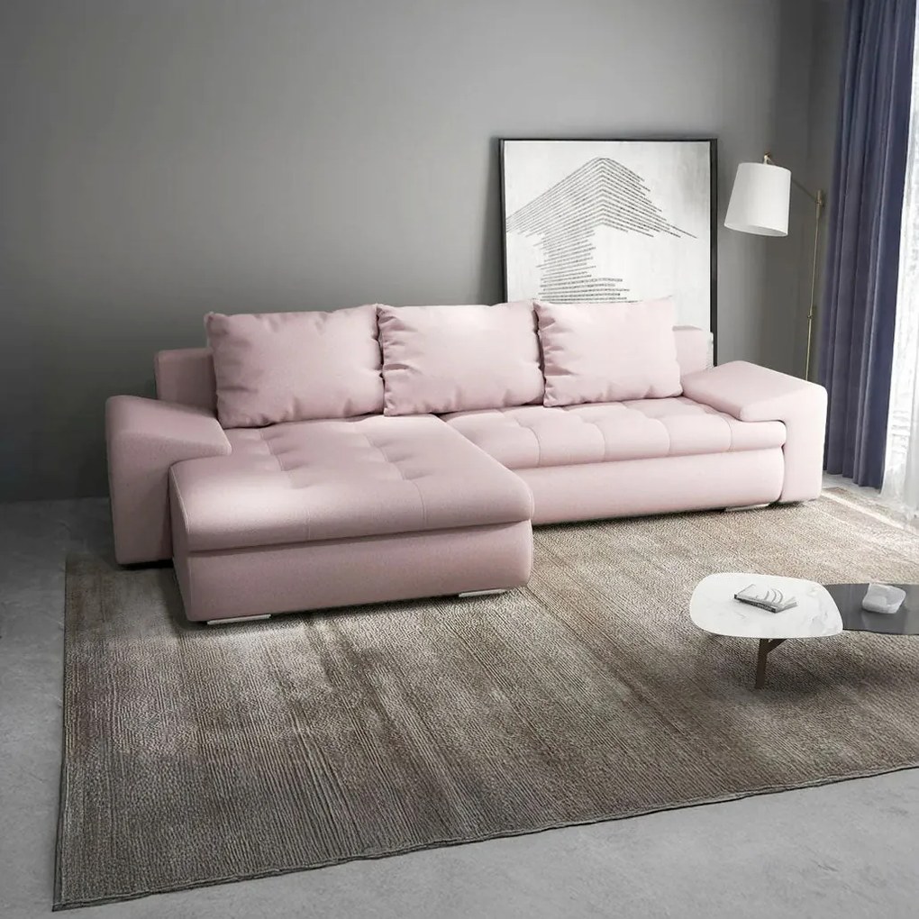 Colțar extensibil dumonde cu ladă de depozitare si sezut confortabil din spuma high-density, Leonardo Enjoy Roz 260x185 cm