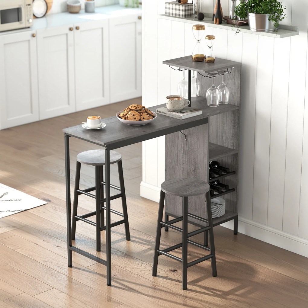 HOMCOM Set masă înaltă cu taburete, masă în picioare cu 2 scaune de bar, etajere, suport pentru sticle, lemn natural | Aosom Romania