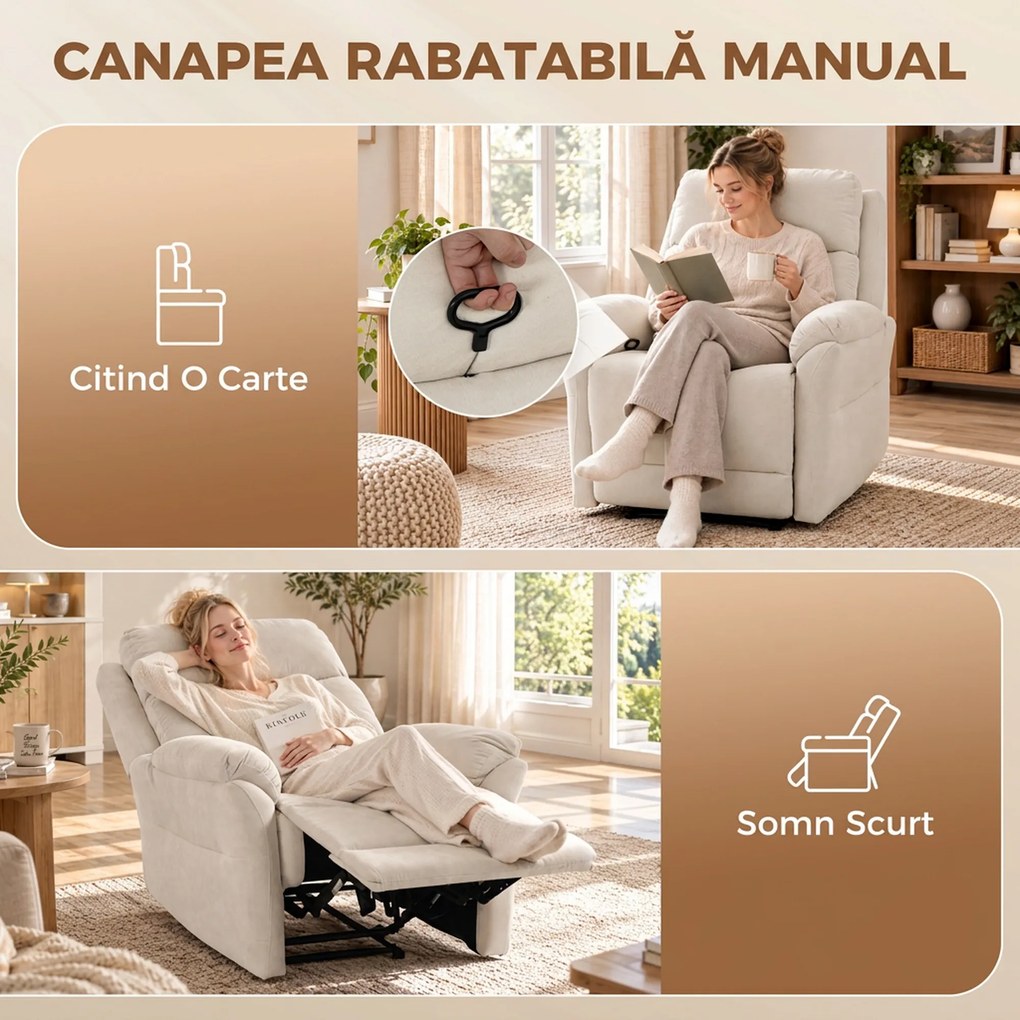 HOMCOM Fotoliu Reclinabil Manual Compact cu Suport pentru Picioare, Catifea Crem | Aosom Romania