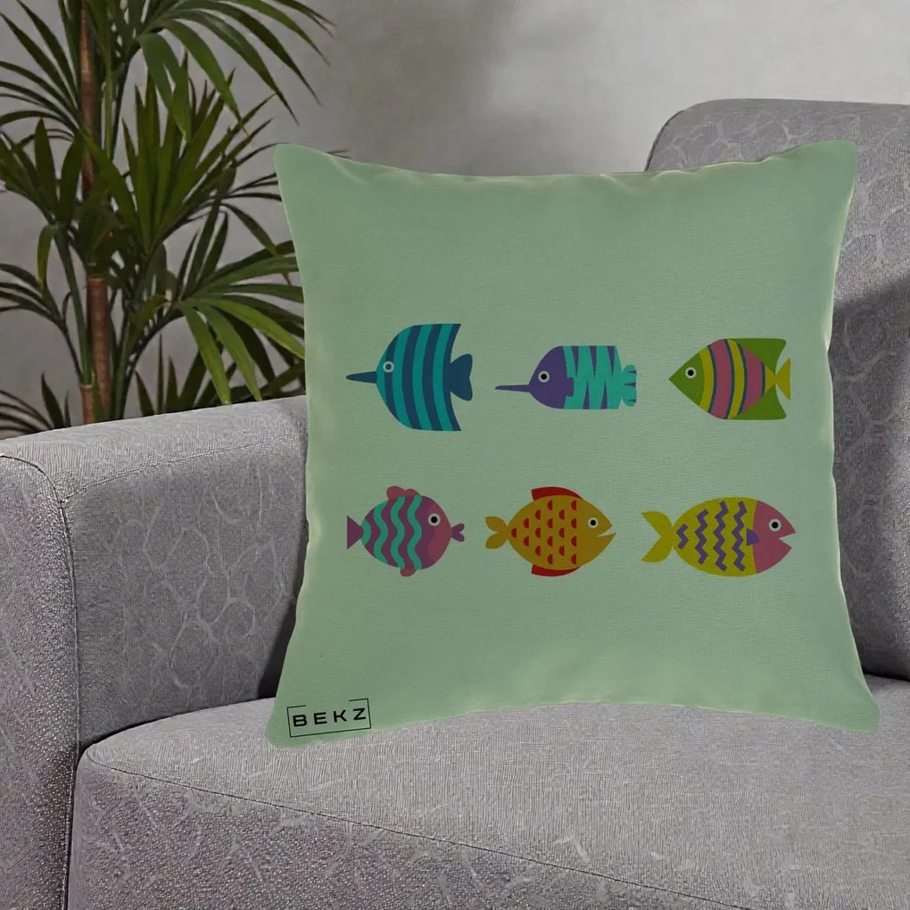 Perna Decorativa Pesti Colorati Cartoon, 40x40 cm, Verde, Husa Detasabila, Perna Inclusa, BEKZ®