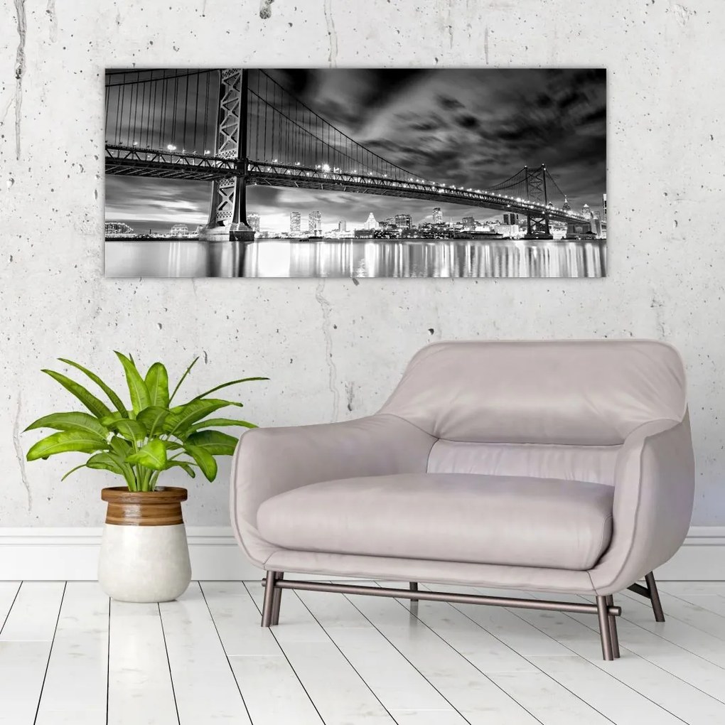 Tablou - Podul Benjamin Franklin, Philadelphia, alb-negru (120x50 cm)