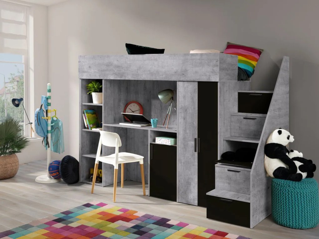 Pat pentru copii combinat 90 cm Kesa 14 (beton + negru mat). 1085828