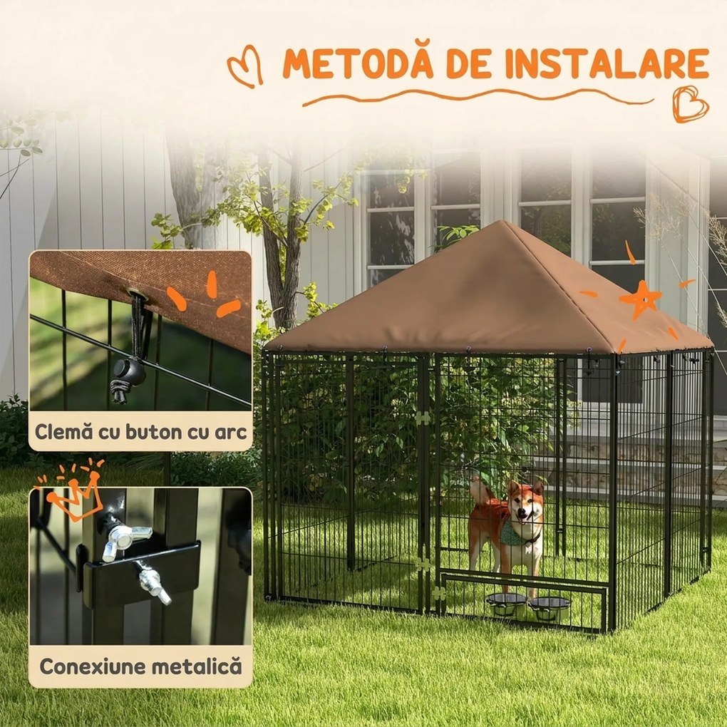 PawHut Gard pentru Câini din Metal cu Ușă pentru Boluri, Gard pentru Câini de Exterior cu Acoperiș, 141x141x151 cm, Negru și Maro