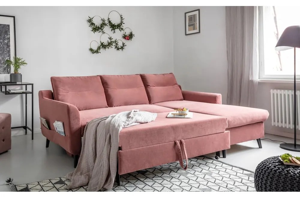 Colțar extensibil din catifea cu șezlong pe partea dreaptă Miuform Stylish Stan, roz