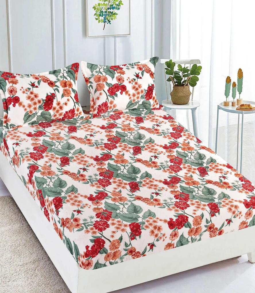 Husa de pat cu elastic cocolino + 2 Fete de Perna - Red Flowers