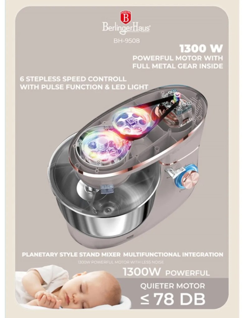 Robot bucatarie multifunctional, Taupe Collection Berlinger Haus BH 9508, pentru aluat, creme