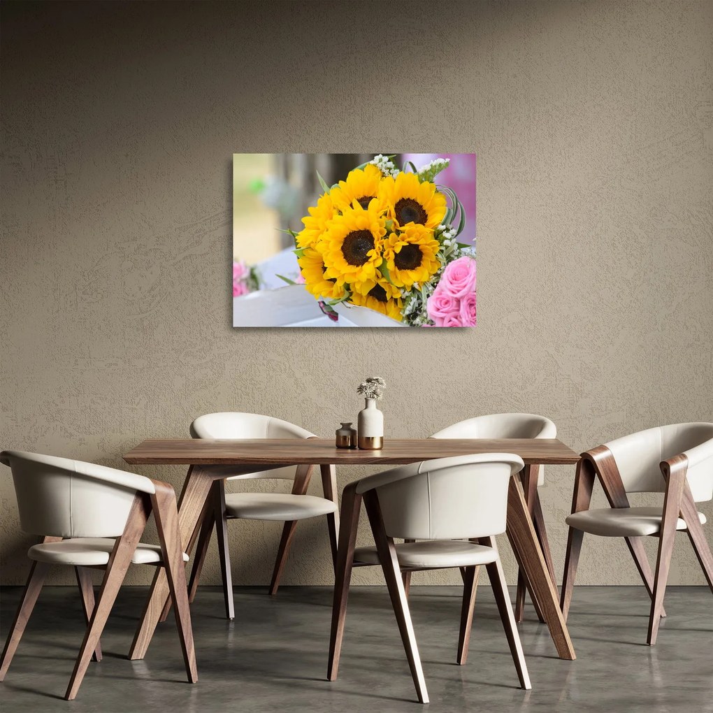 Tablou pe sticlă cu buchetul miresii de floarea soarelui (70x50 cm)
