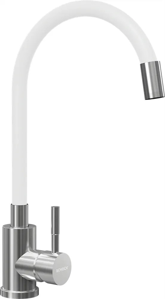 Baterie bucatarie Schock Flora inox periat cu pipa flexibila, cartus ceramic, alb