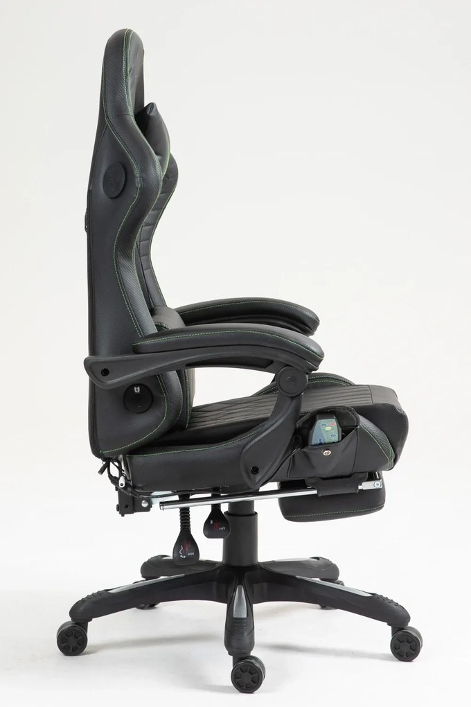 RESIGILAT- Scaun gaming, Masaj in 7 puncte, Boxe Bluetooth, funcție șezlong, 90-155 grade, suport picioare, PU, Negru/cusatura verde