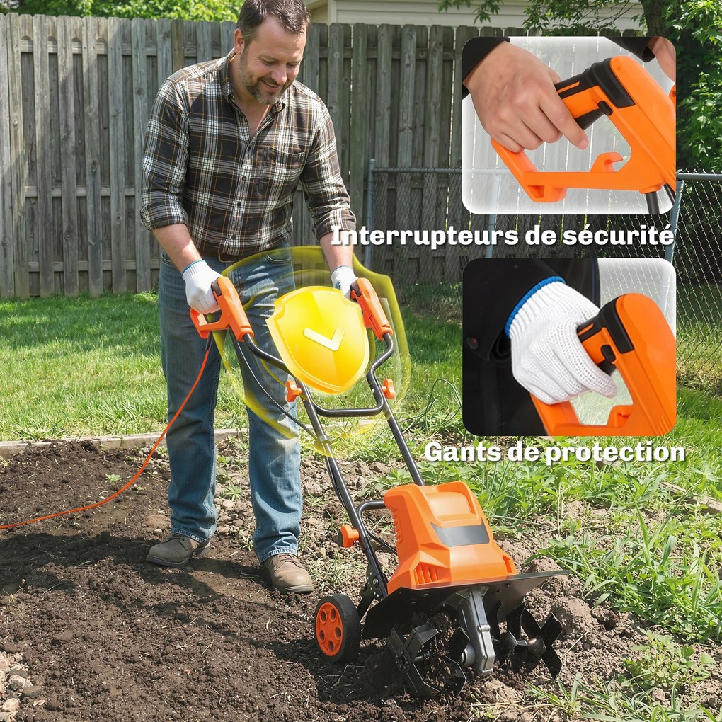 Outsunny Motobineusă electrică 1500W cu mâner pliabil, lățime de lucru 40 cm, adâncime de arat 9 cm, 6 lame, portocaliu | Aosom Romania