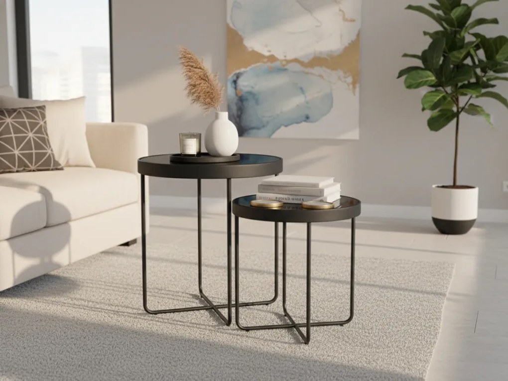 Mese de colt ATENA GLASS set 2 buc Ø 40/45 cm, negre