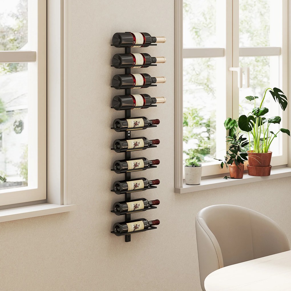 HOMCOM Suport pentru Sticle de Vin cu Montare pe Perete, 27x10x116 cm, Negru | Aosom Romania