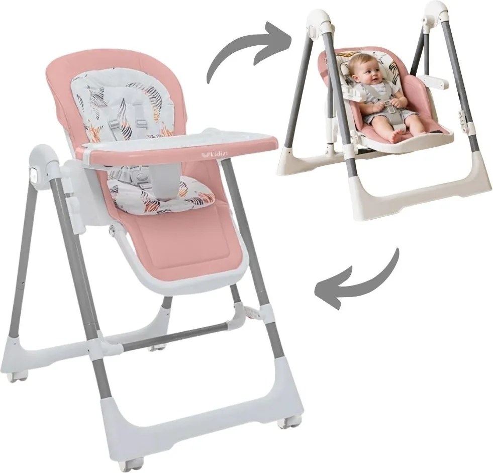 RESIGILAT Scaun de masa bebelusi multifunctional 2 in 1 Kidizi Swingy roz, transformabil in leagan bebe