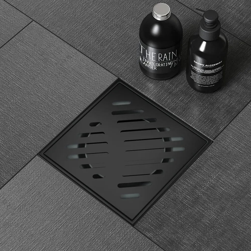 Set rigola pentru dus Inter Ceramic New Generation cu capac cu fante diagonale 10x10 cm finisaj negru lucios