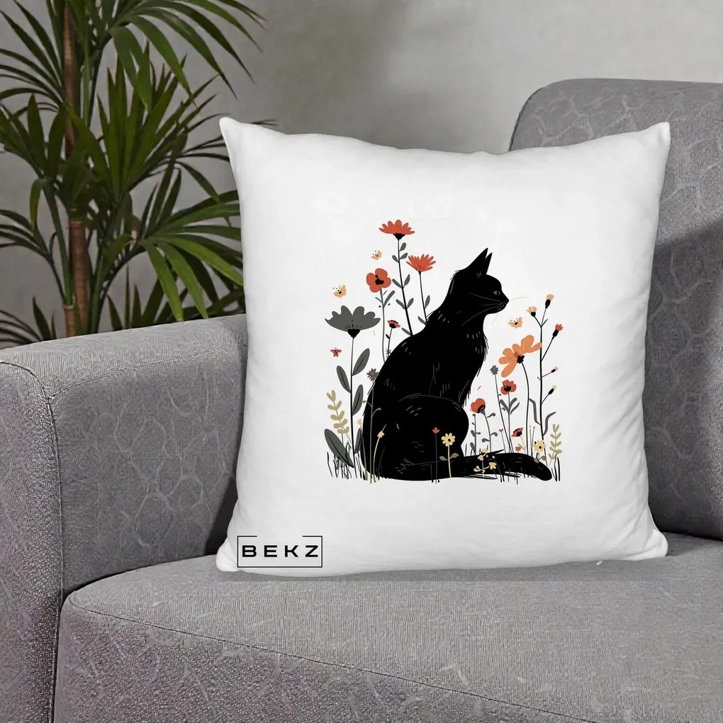 Perna Decorativa Pisica Neagra Profil Flori Portocalii, 40x40 cm, Alb Pufos, Husa Detasabila, Perna Inclusa, BEKZ®