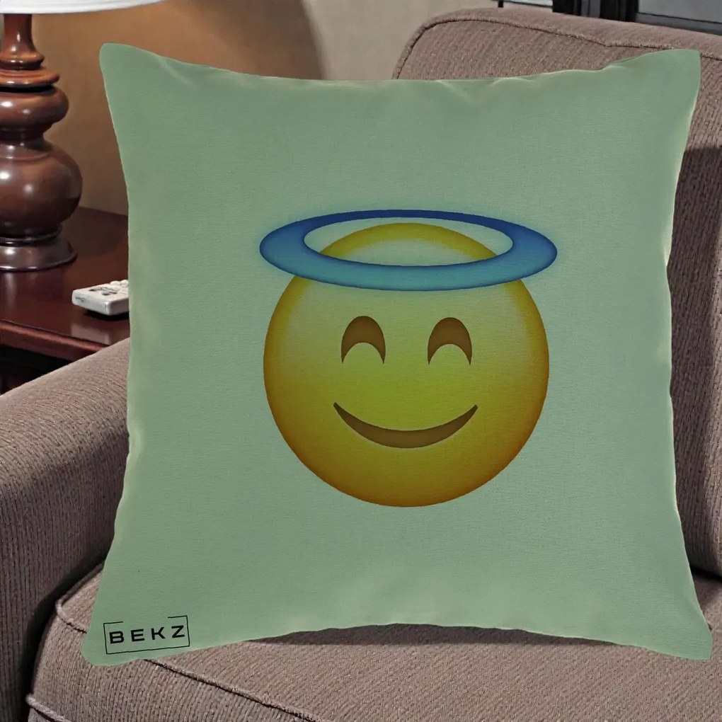 Perna Decorativa Emoji Inger cu Aureola, 40x40 cm, Verde, Husa Detasabila, Perna Inclusa, BEKZ®
