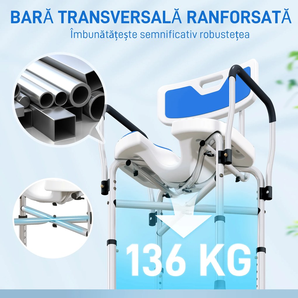 HOMCOM Scaun de Duș cu Spătar, Brațe, Șezut Canelatat, Bare de Ranforsare și Înălțime Reglabilă, 53x41,5x78,5-91,5 cm, Albastru | Aosom Romania