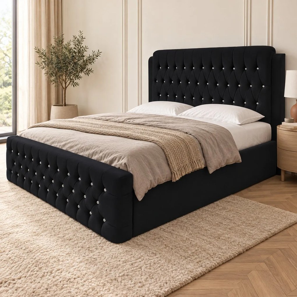 Pat tapițat Chesterfield din catifea Aveline Deluxe 140×200 cm, negru, cu ladă de depozitare