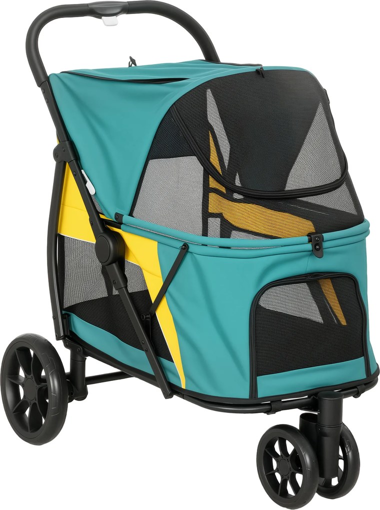 PawHut Cărucior pentru câini pliabil Cărucior pentru câini până la 20 kg cu pernă, ferestre din plasă, buzunar spate, 92 x 63 x 95 cm Verde închis | Aosom Romania