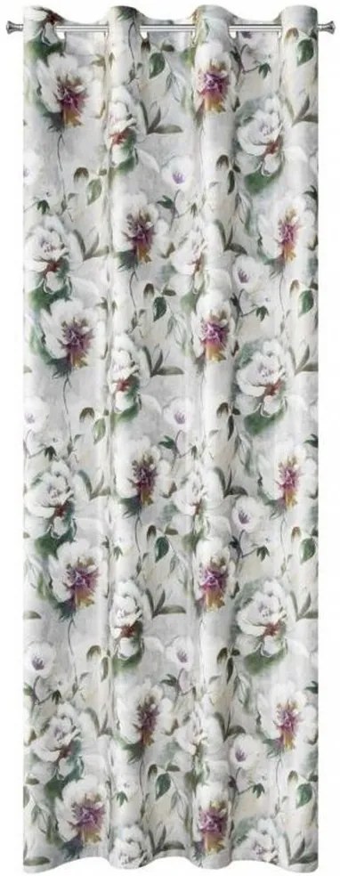 Draperie gri-alb, cu flori albe, pe inele Lungime: 250 cm