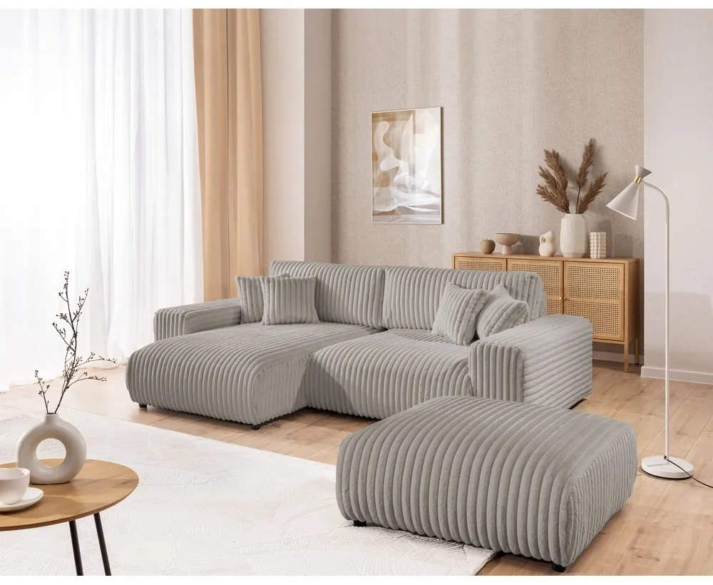 Colțar gri deschis extensibil, cu spațiu de depozitare, cu tapițerie din catifea reiată (cu colț pe partea stângă) Sarina – Ropez