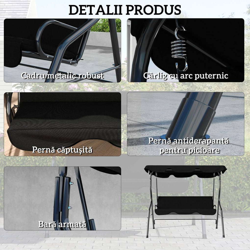 Outsunny Balansoar de Grădină 3 Locuri cu Acoperiș Reglabil și Perne Moi din Poliester, Capacitate 240 kg, 170x110x153 cm, Negru | Aosom Romania