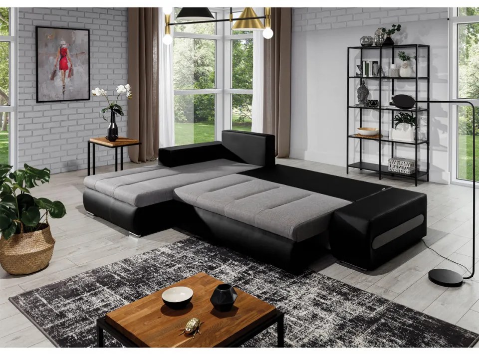 Coltar extensibil cu spatiu pentru depozitare, 275x180x88 cm, Ottavio L02, Eltap (Culoare: Gri deschis texturat / Gri inchis piele)