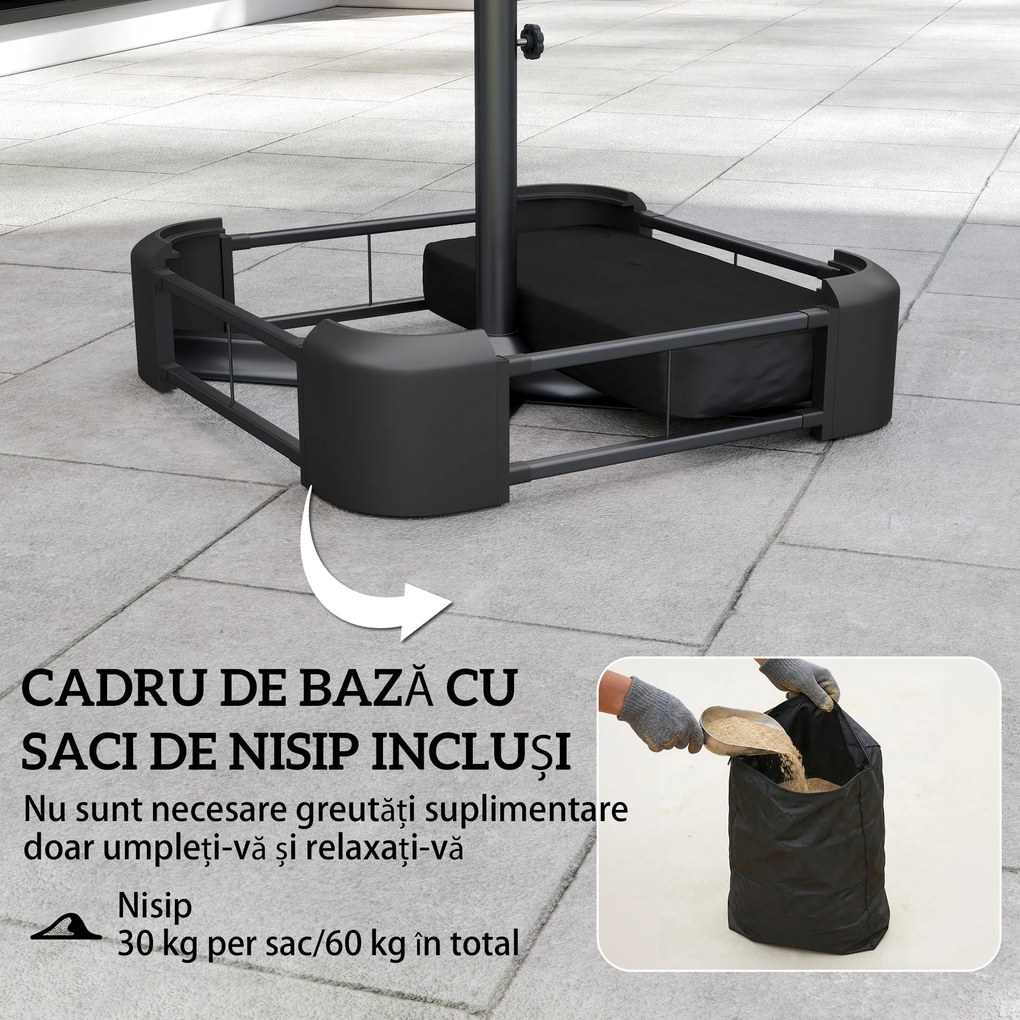 Outsunny Umbrelă Dublă cu 12 Spițe, Manivelă, Bază Metalică și Saci de Nisip, din Metal și Poliester, 3x1.5 m, Gri Închis | Aosom Romania