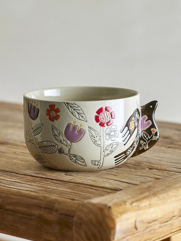 Set 4 boluri din ceramică artizanală, natur, pictate manual cu motive florale și pasăre, 13x8 cm, „Vivielle"